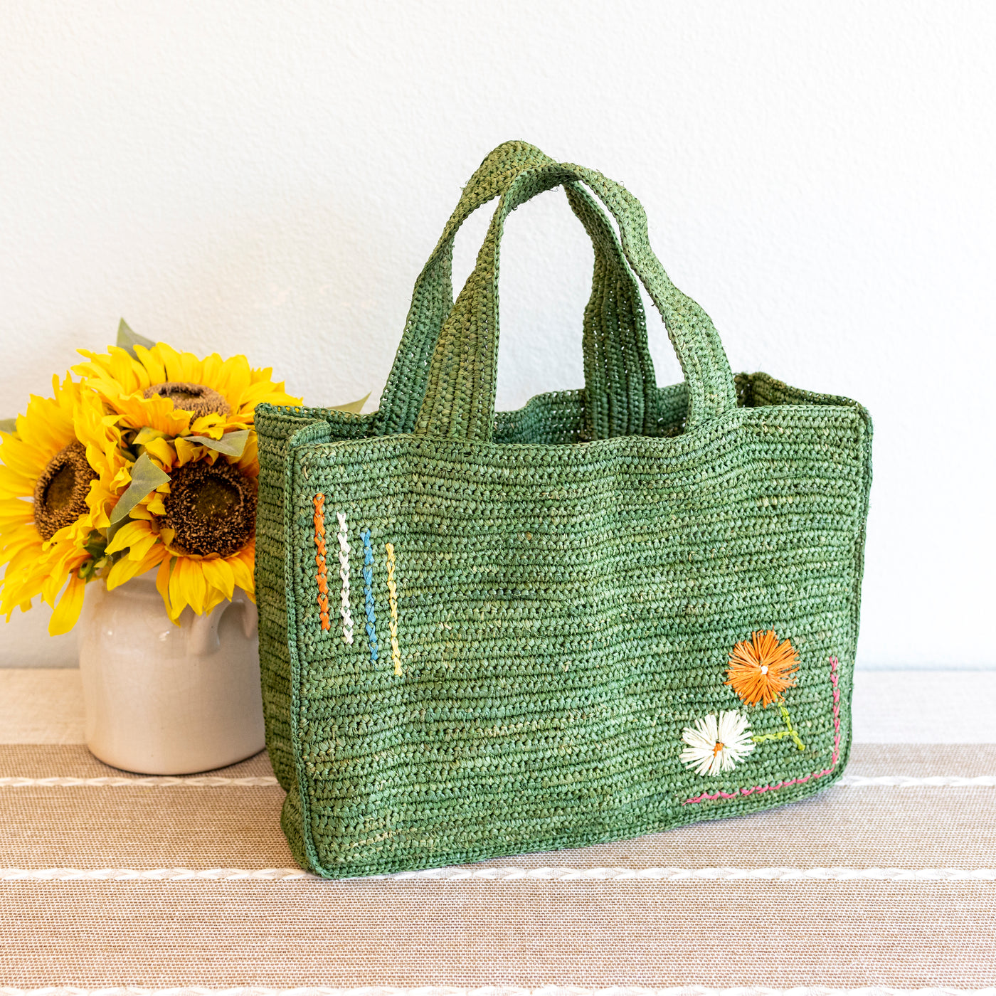 The Daisy Embroidered Raffia Tote