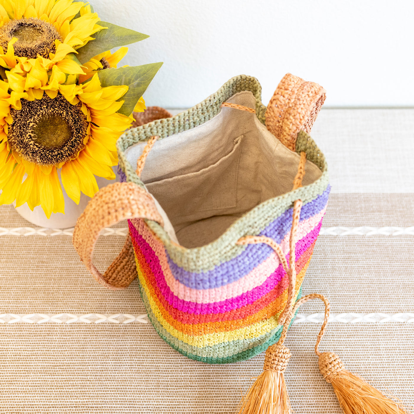 The Rainbow Raffia Drawstring Bucket Bag