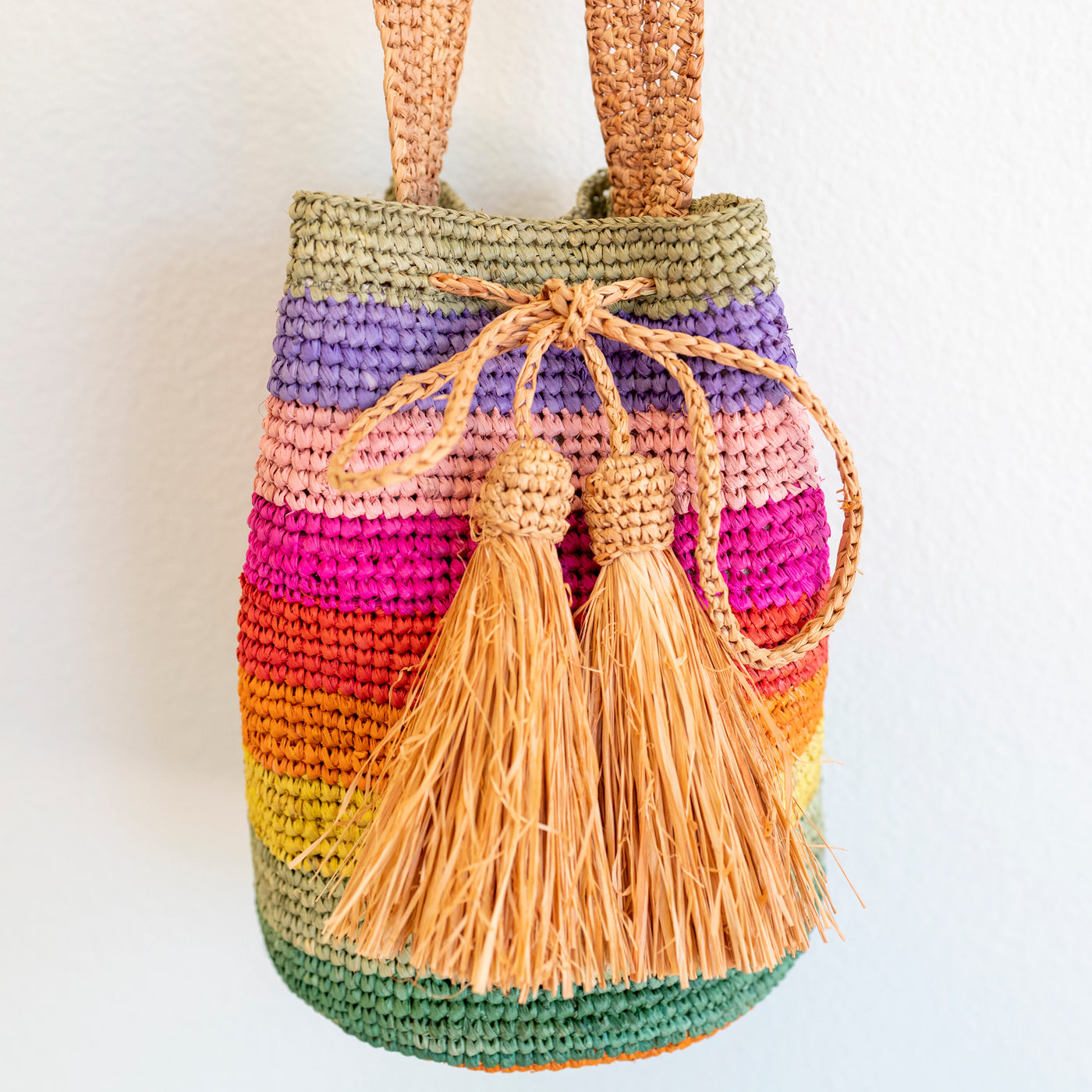 The Rainbow Raffia Drawstring Bucket Bag